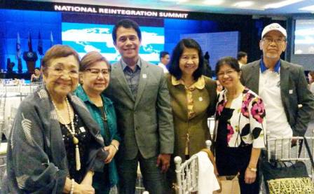 (Left to Right) Dr. Nelia T. Gonzalez, SERDEF Chairperson; Dr. Paz Diaz, SERDEF Board Secretary; Mr. Ricardo Casco, IOM National Programme Officer/Mission Coordinator; and SERDEF Board Members Ms. Serenidad Lavador, Ms. Angelita Resurreccion, and Prof. Jose Tabbada at the end of the Reintegration Summit